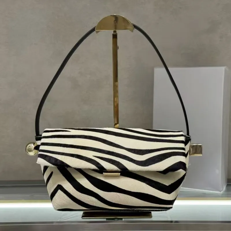 Chic Female Accessory: Rond Carre Design Zebra Stripe Leather Shoulder Bag Featuring Premium Horse Hair Detailing