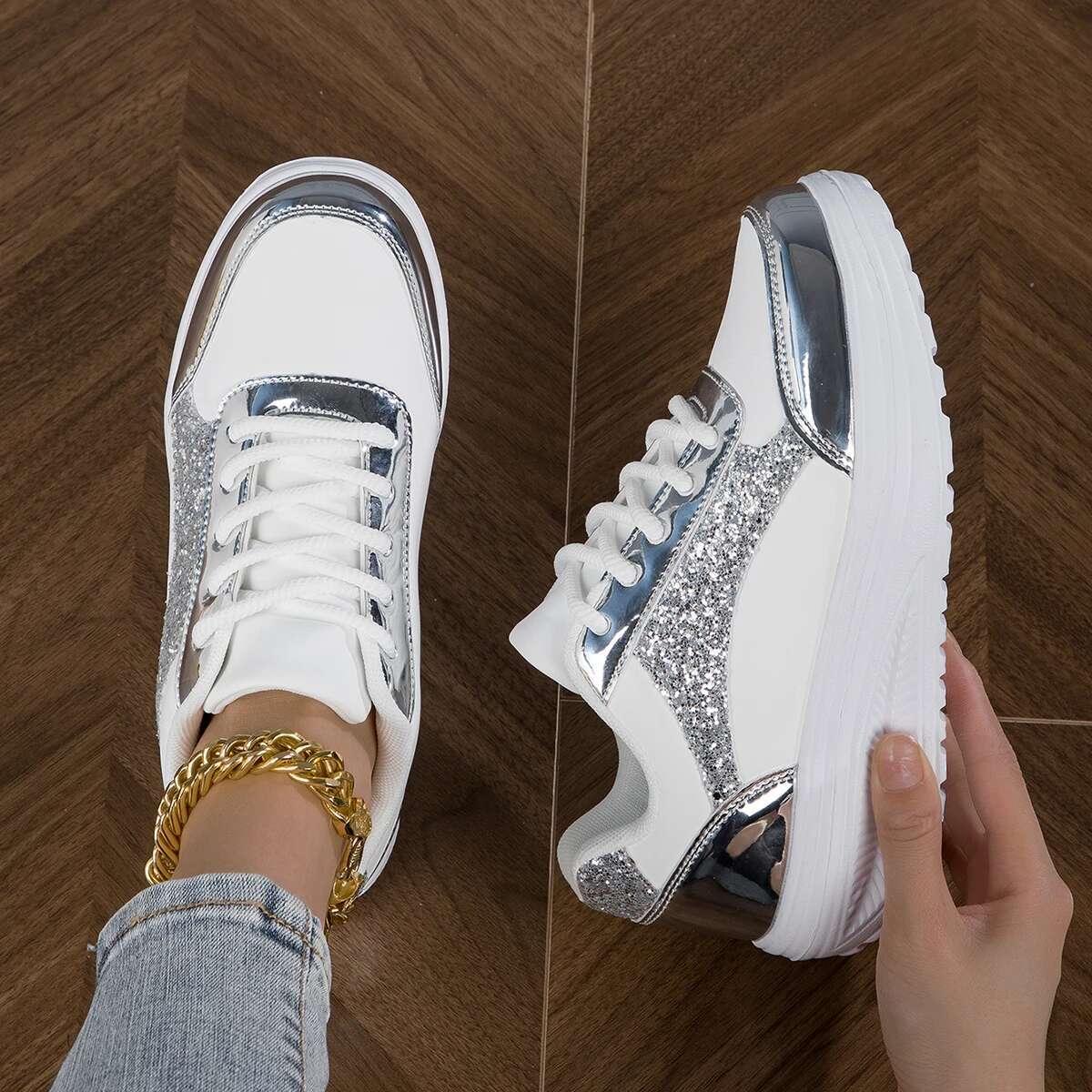 Designer Shoes Light Luxury Sports Shoes Metallic Color Casual Vulcanized Sports Fashionable White Women's Flat Shoes Summer Breathable Shoes Wom
