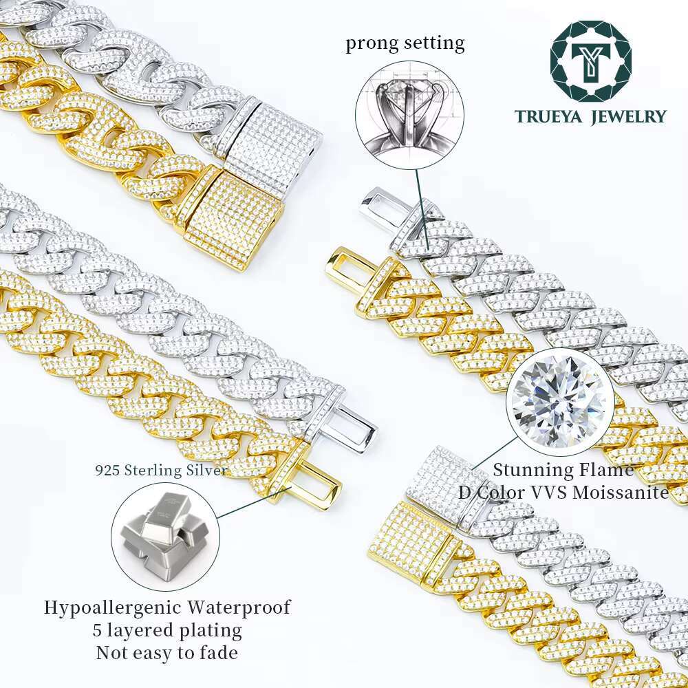 VVS Round Brilliant Moissanite Diamond Hip Hop Moissanite Cuban Link Chain 6mm to 20mm Cuban Chain for Men for Valentines Gift