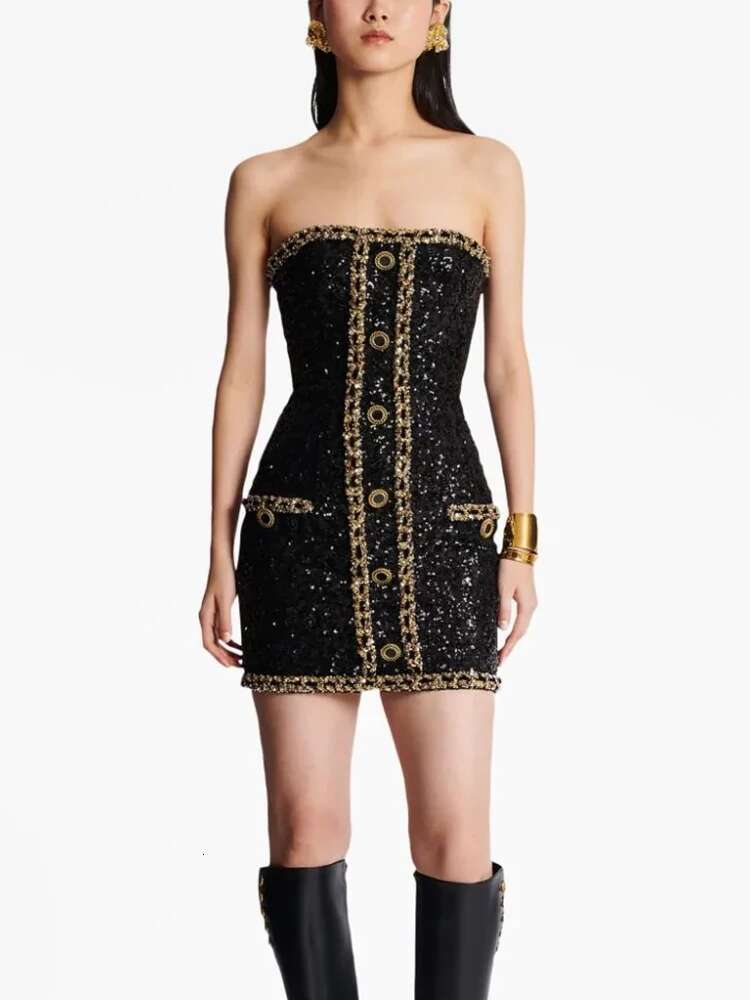 HIGH STREET Newest 2024 Designer Runway Fashion Women's Gold Chains Sequined Strapless Sheath Tube Dress