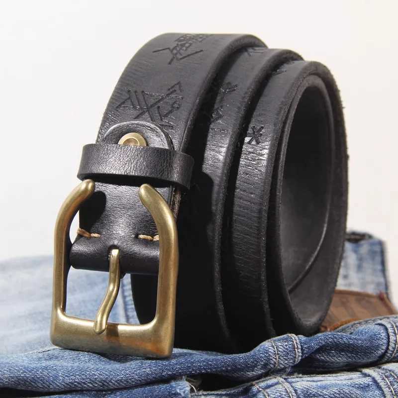 Ultra thick cowhide personalized brass trumpet shaped buckle mens belt retro laser engraving lucky Phaeton symbol denim belt W250326