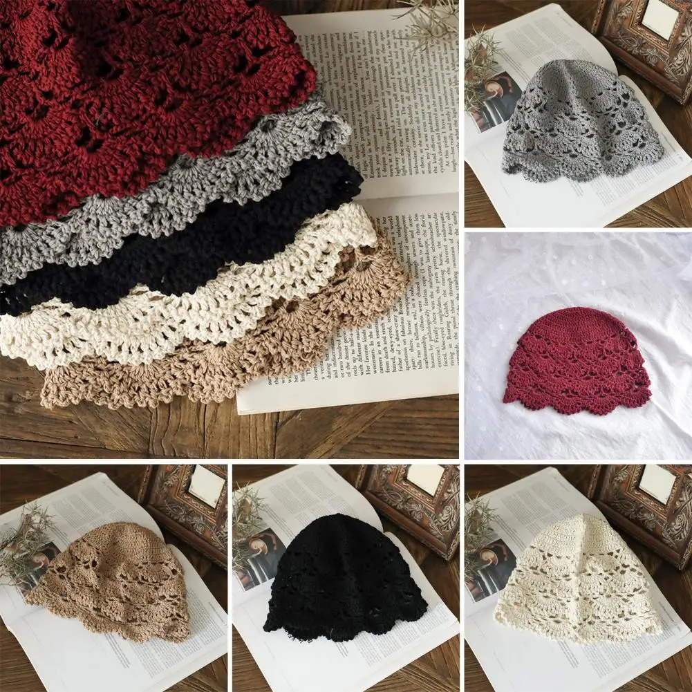 Ladies Hat Hollow Out Lace Women Jacquard Hat Soft Manual Crochet Knitted Hat Solid Color Elastic Breathable Anti-slip Cap 250321