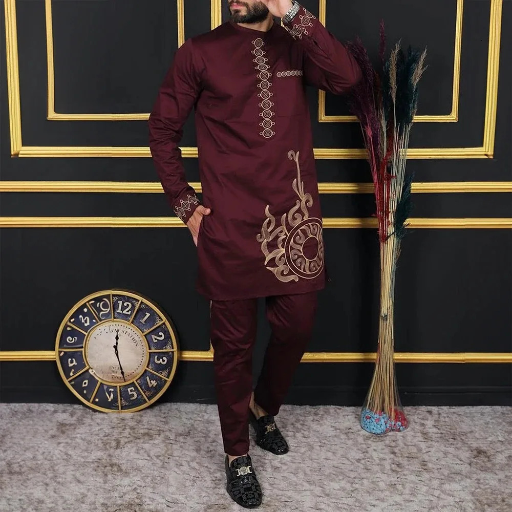 African Traditional Mens Clothing Elegant Full Suits Male Pant Sets To Dress Native Outfit Ethnic Dashiki Kaftan 250326
