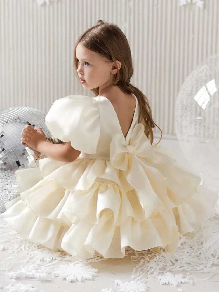 Customized pink floral girl wedding dress for layered knee length bow tie little girl photo birthday party dance dress W250326