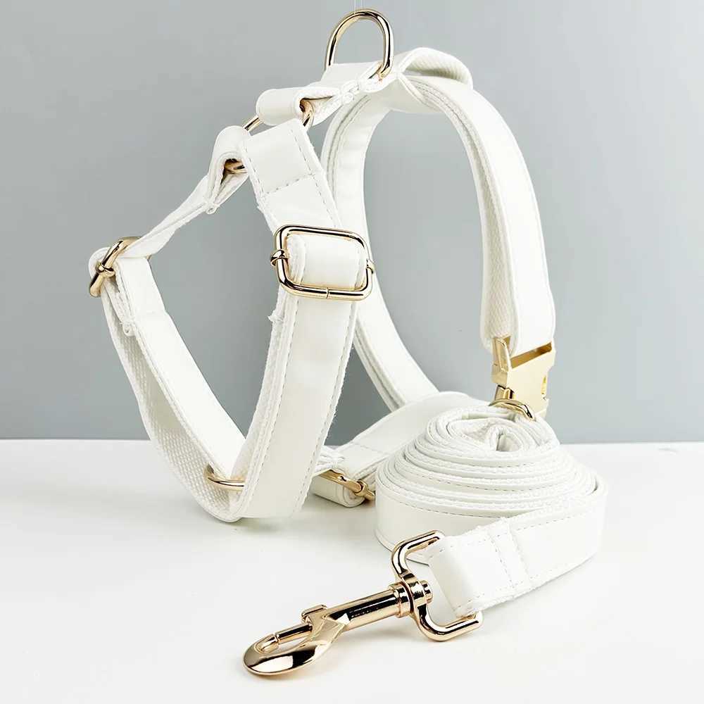 Customized white leather dog collar and leash set for dogs with carved names pet supplies dog leash PU01 X250326
