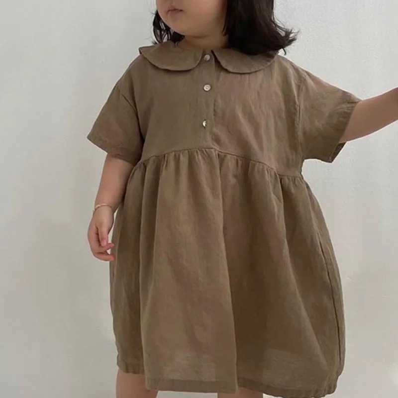 2025 Summer New Girls Long Sleeve Collar Dress Childrens Cotton Linen Casual Dress Fashion Girl Princess Dress Childrens Clothing W250326