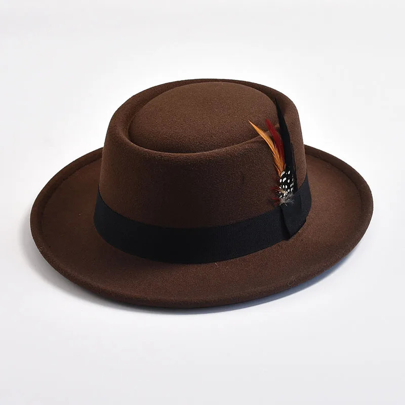 retro pork pie hat mens rolling Brim felt Fedora hat with feather gentleman Trilby jazz hat 250325