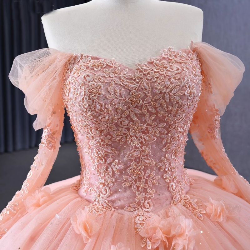 Pink Princess Sweetheart Ball Gown Quinceanera Dresses Off Shoulder Flowers Appliques Beads Tull Luxury Vestidos De 15 Anos Sweet 16 Dress