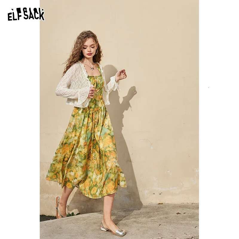 ELFSACK French retro oil painting printed camisole with waistband, light and sexy summer vacation dress