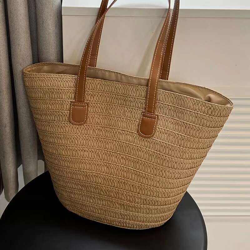 New Paper Braid Women's Large Capacity Grass Woven Vacation Simple Beach Shoulder Tote Bag