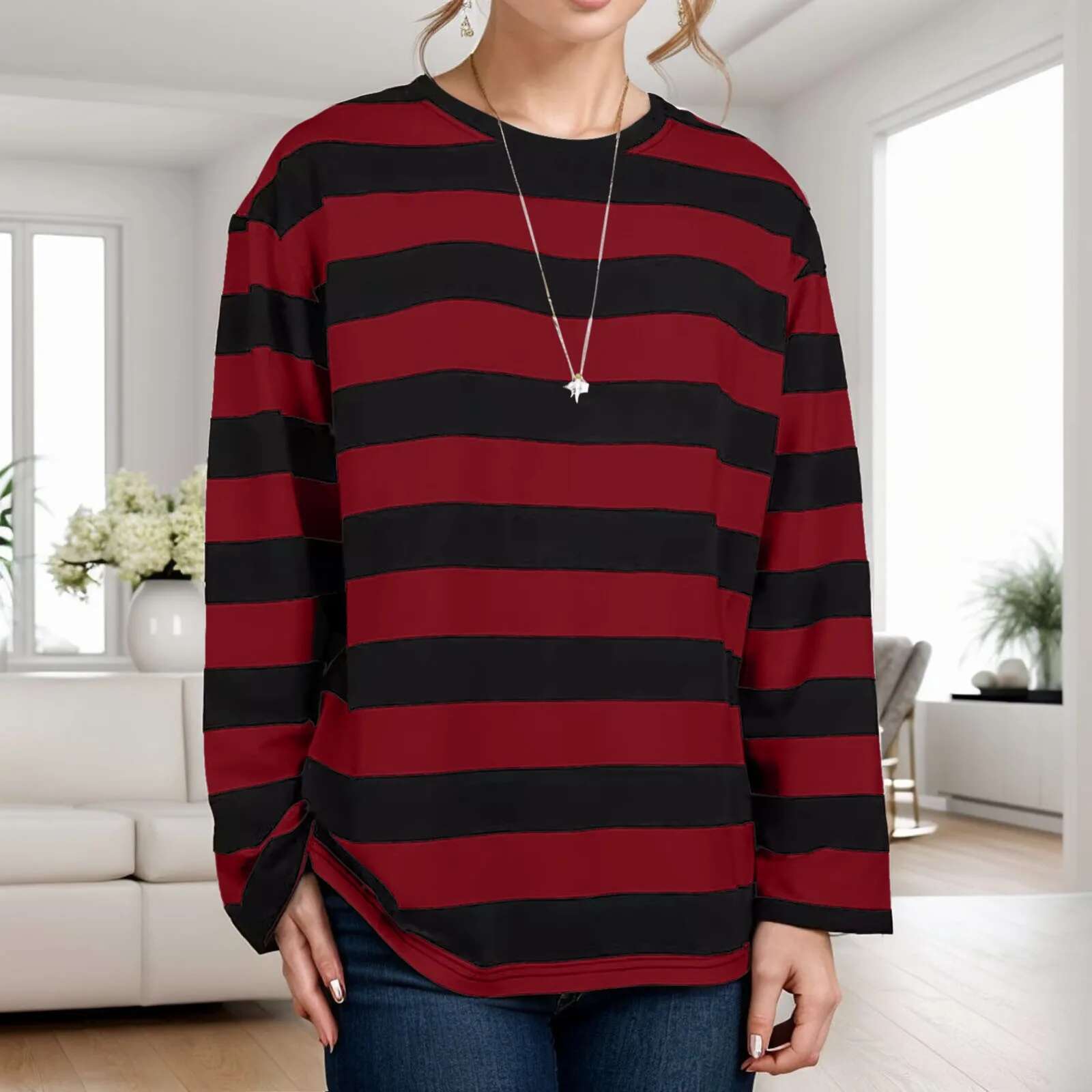 Ddmyshoesvip Korean Version Striped T Shirt Long Sleeved Bottoming Shirt Women Crew Neck Loose Oversized Tops For Spring And Autumn