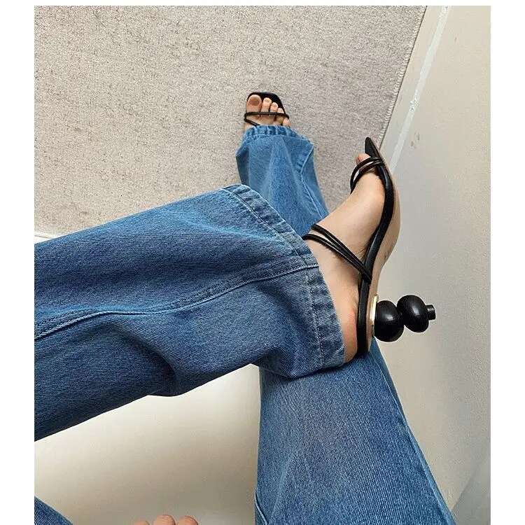 Ball Shape Square Toe Slim Straps Sgback Sandals Hollow Slip-On High Heels Women's Summer Footwear