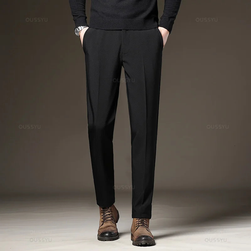 Autumn and Winter Mens Tight Business Pants Elastic Waist Black Grey Classic Korean Trouser Plus Size 2838 250326