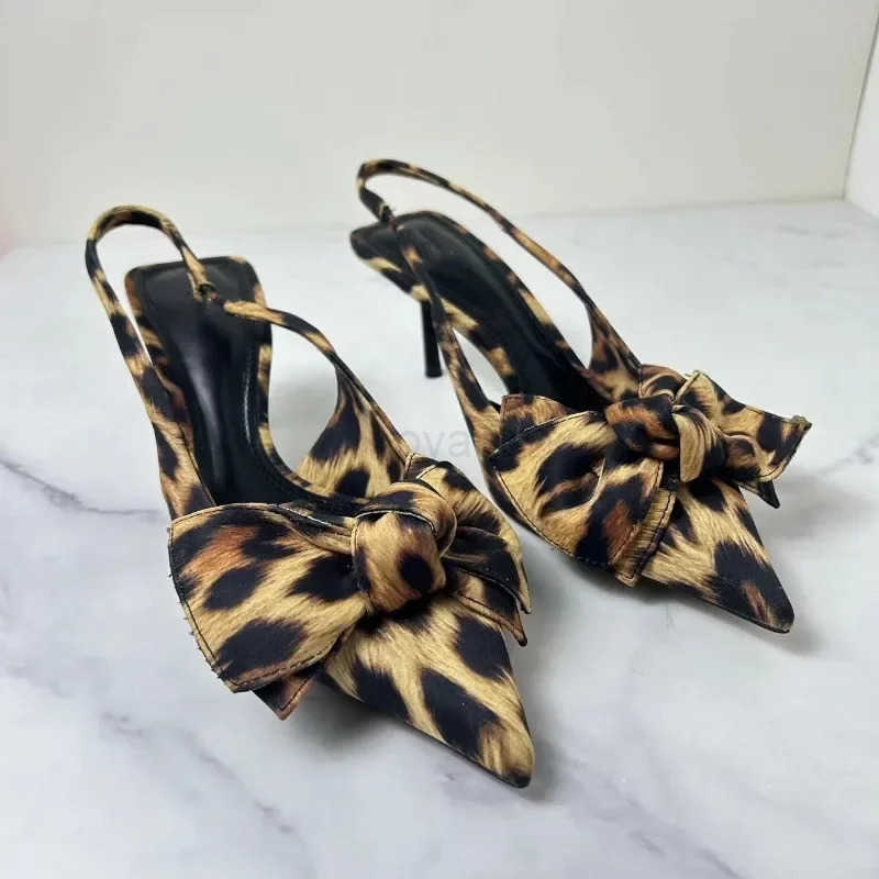 Big Bow Shallow High H Sandals for Lady Fashion Pointed Sexy Stiletto Leopard Print Summer Retro Par Luxury Shoes Wan Z250326