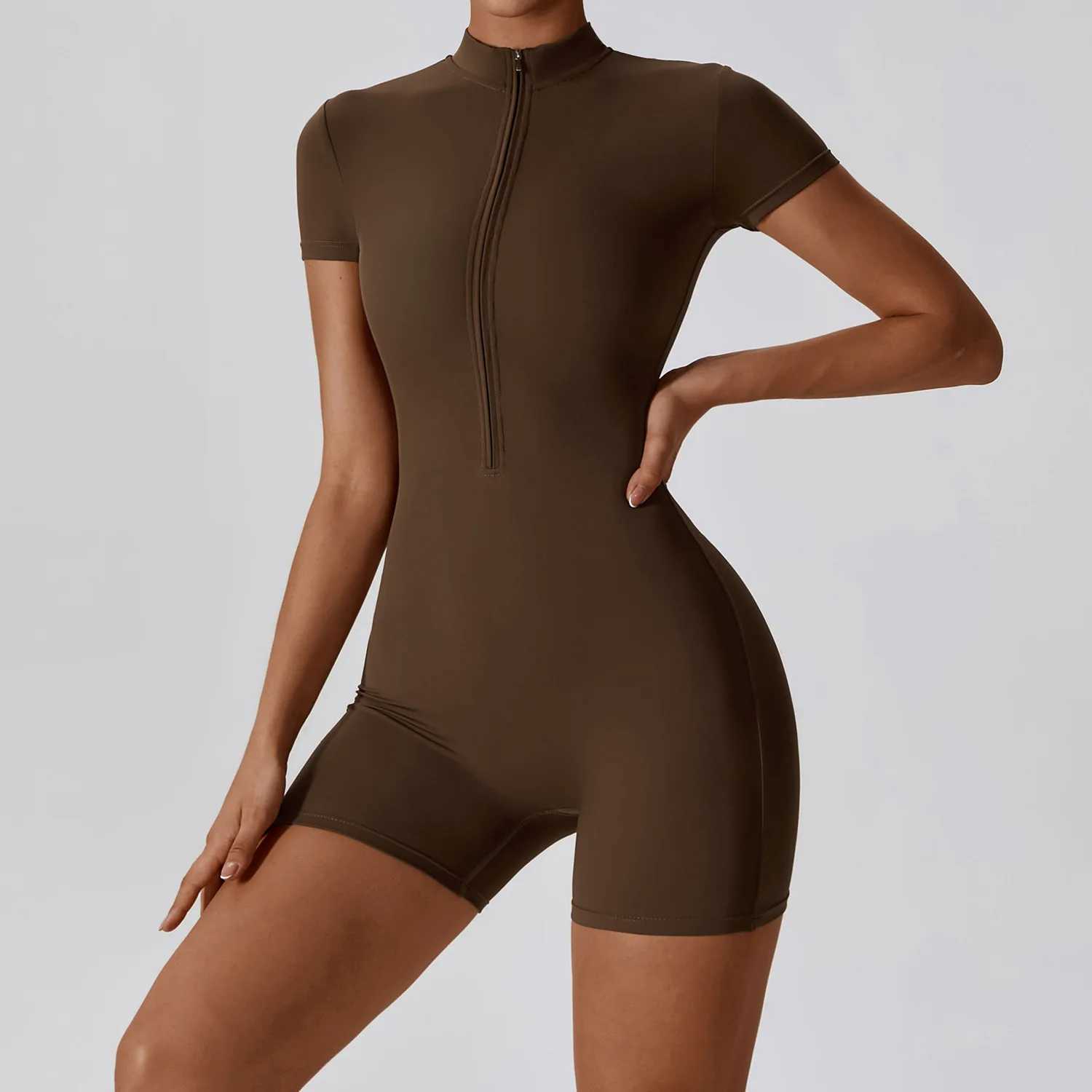 Summer zipper jumpsuit short sleeved yoga bodysuit womens yoga suit gym track and field suit push up training suit dance fitness suit W250326