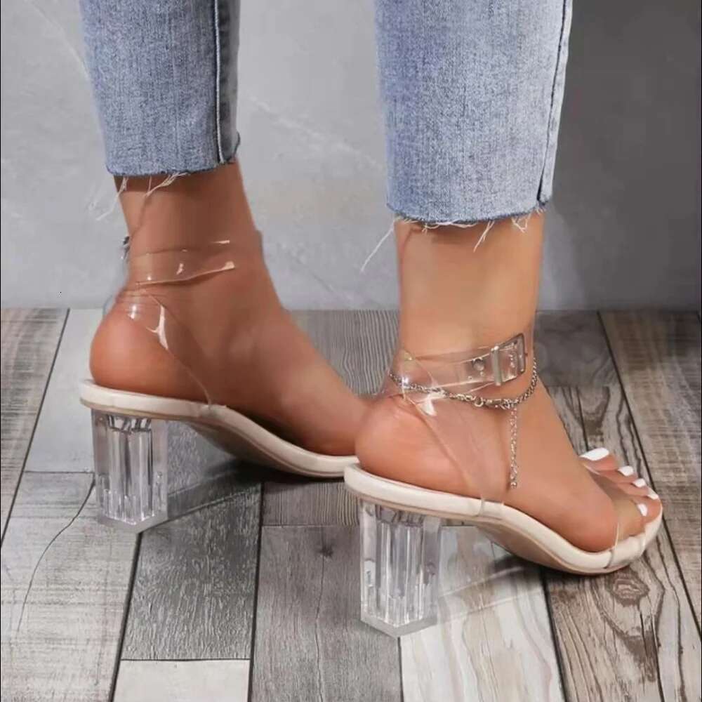 PVC Women Jelly Crystal Chunky Heel Transparent Sandals Fashion Sexy Summer High Heels Sandalias Female Pumps atillas Mujer