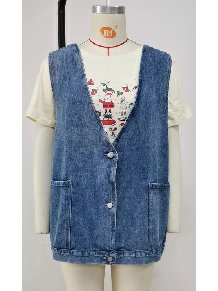 Benuynfy vintage big V-neck denim vest for womens spring and summer washing casual pocket sleeveless denim jacket for womens loose jacket 250320