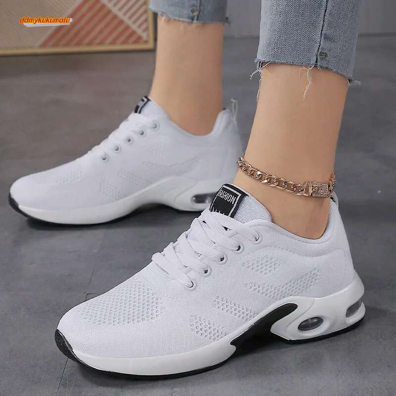 Women Air Cushion Sneakers Mesh Running Sport Lace-up Training Walk Flat Solid Black White Red Shoes 2024 New ddmykukumalu