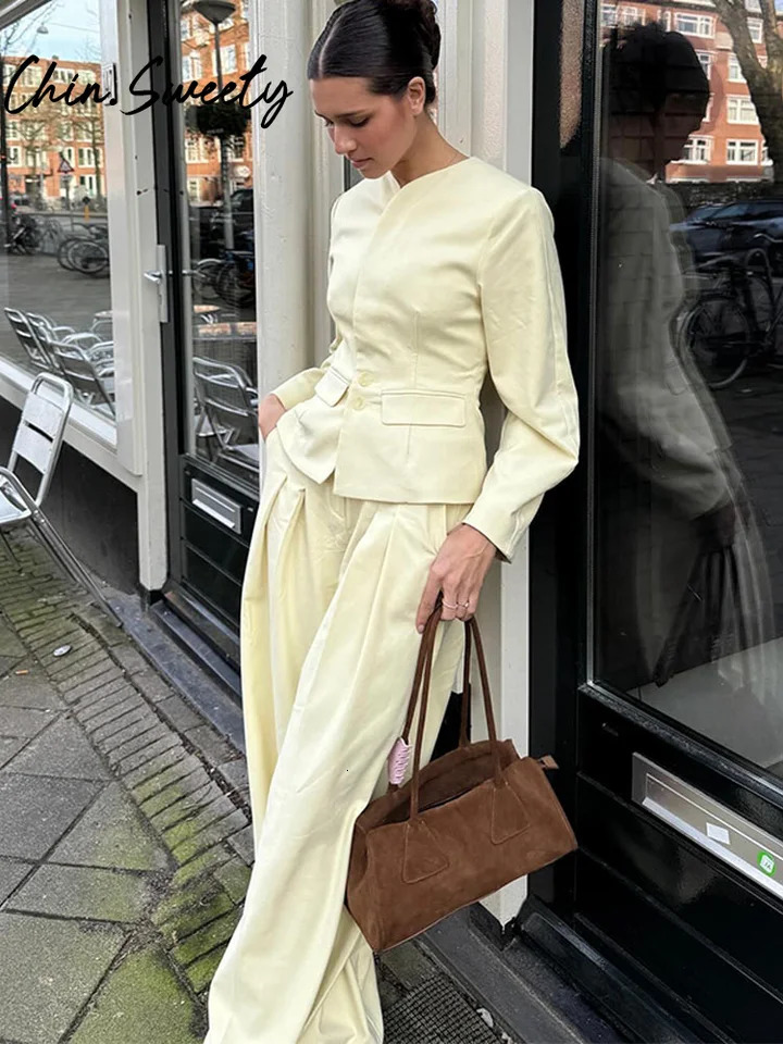 Elegant Solid Set Womens 3-Piece O-Collar Button Jacket Tube Tie Top Wide Leg Trouser Spring/Summer Fashion Womens Wear 250321