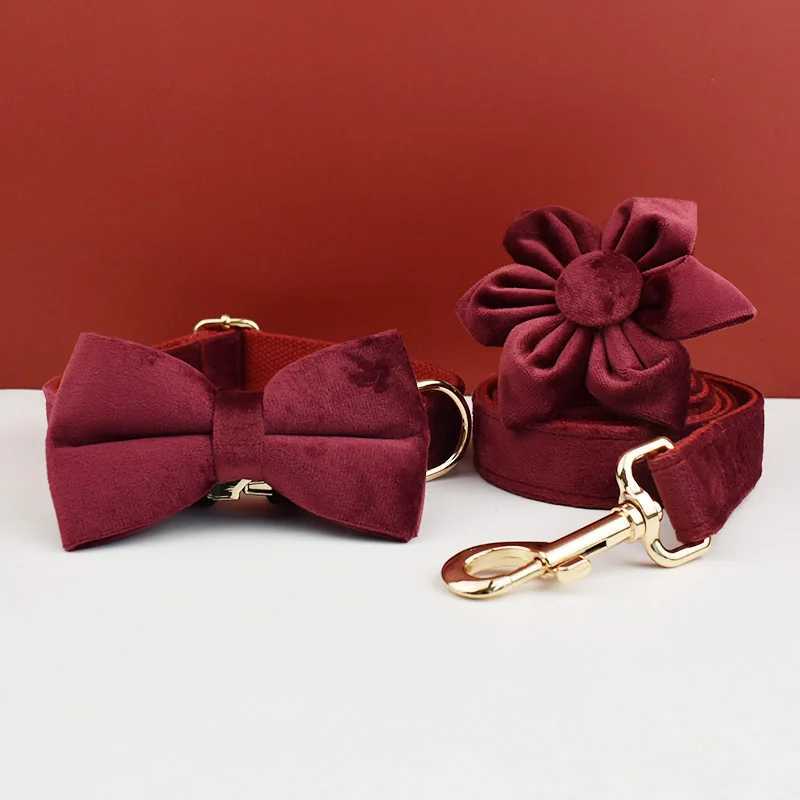 Red wine velvet dog collar and belt set suitable for large dogs custom carved names pet supplies dog collars X250326