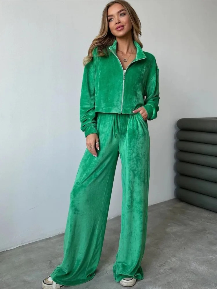 Autumn/Winter Solid Velvet Two Piece Womens Zipper Long Sleeve Sweatshirt Top Wide Leg Pants Casual Set 250321