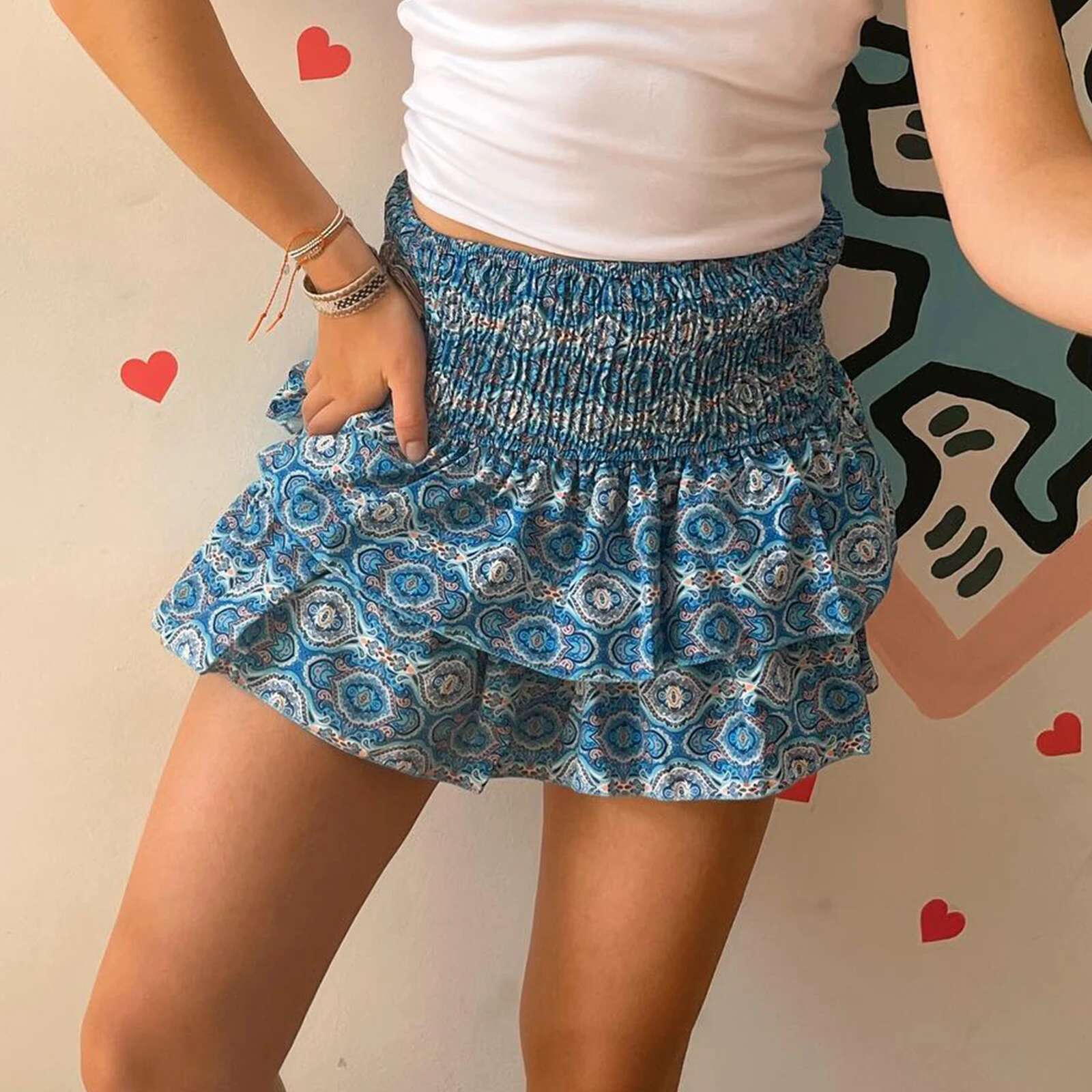 Y2K Vintage Women Mini Elegant High Waist Pleated Printed Ruffled Layered Summer A-e Skirt Retro Streetwear