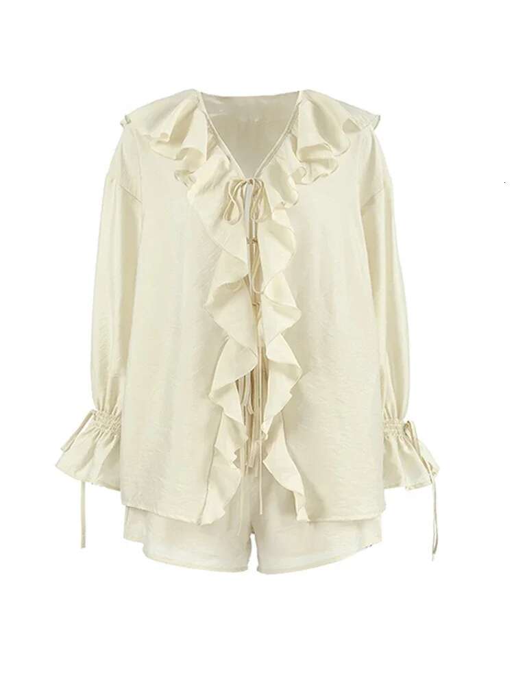 Elegant Ruffled Collar Lace Up Women Shirt Set Chic High Waist Short Female Pant Sets New Casual O Neck Solid Lady Top Suit