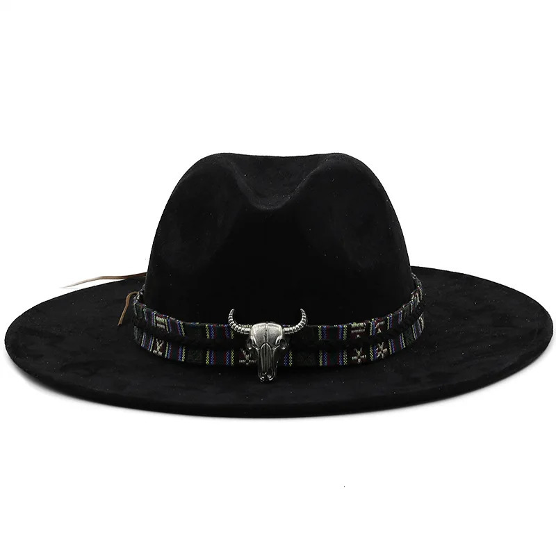 Suede Fedora Hat Mens Bullhead Accessories Western Cowboy Sun Hat Womens Fashion Top Jazz Hat Fedoras Chapeau Sombrero Mujer 250325
