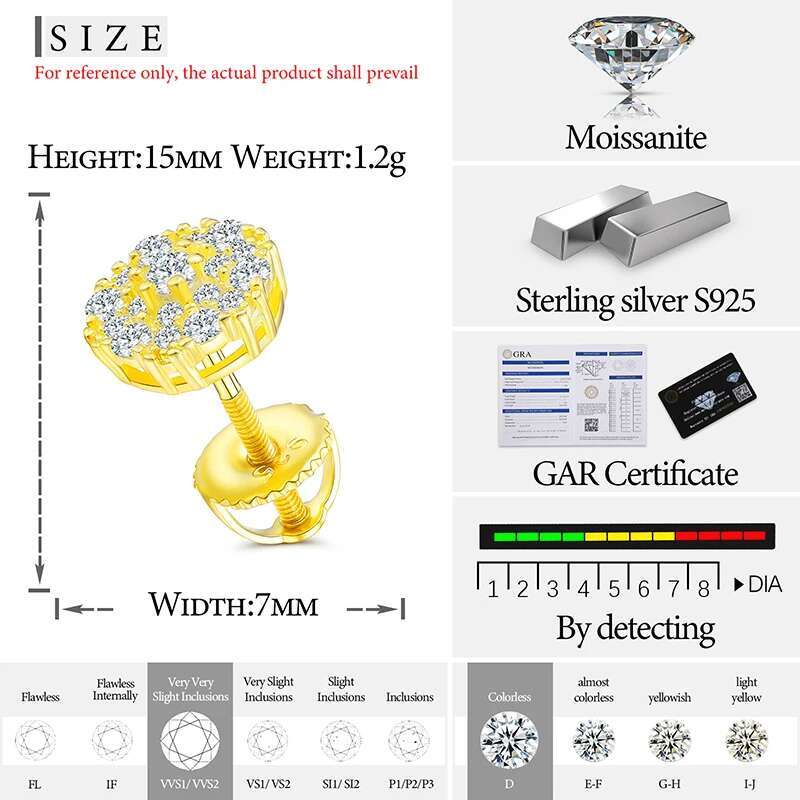 Unisex Fine Jewelry Moissanite Earrings For Women 925 Stud Earrings Moissanite D Color VVS Stud Round Flower Jewelry