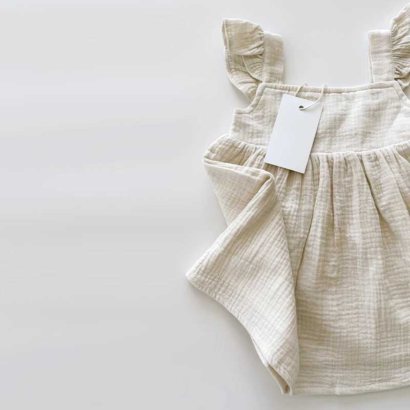 100% pure cotton plain weave girls white dress with lace summer new retro baby girl sleeveless ruffled shoulder straps Flowy princess dress TZ385 W250