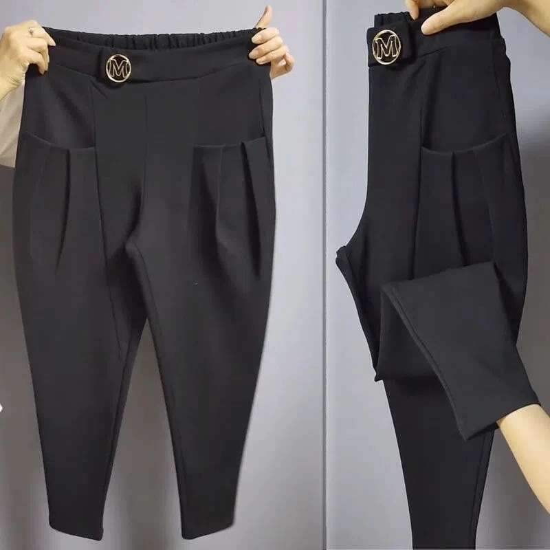 Autumn Casual Pocket Black High Oversized Trousers Women's Vintage Solid Color Elastic Waist Harem Ladies Pants