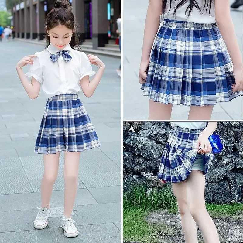 Girls Plaid Skirts Childrens School Uniform Preschool Pleated Tutu Blue Thin Slim High Waist Mini Skirts Childrens Clothing 2 to 13 Years OldT250326