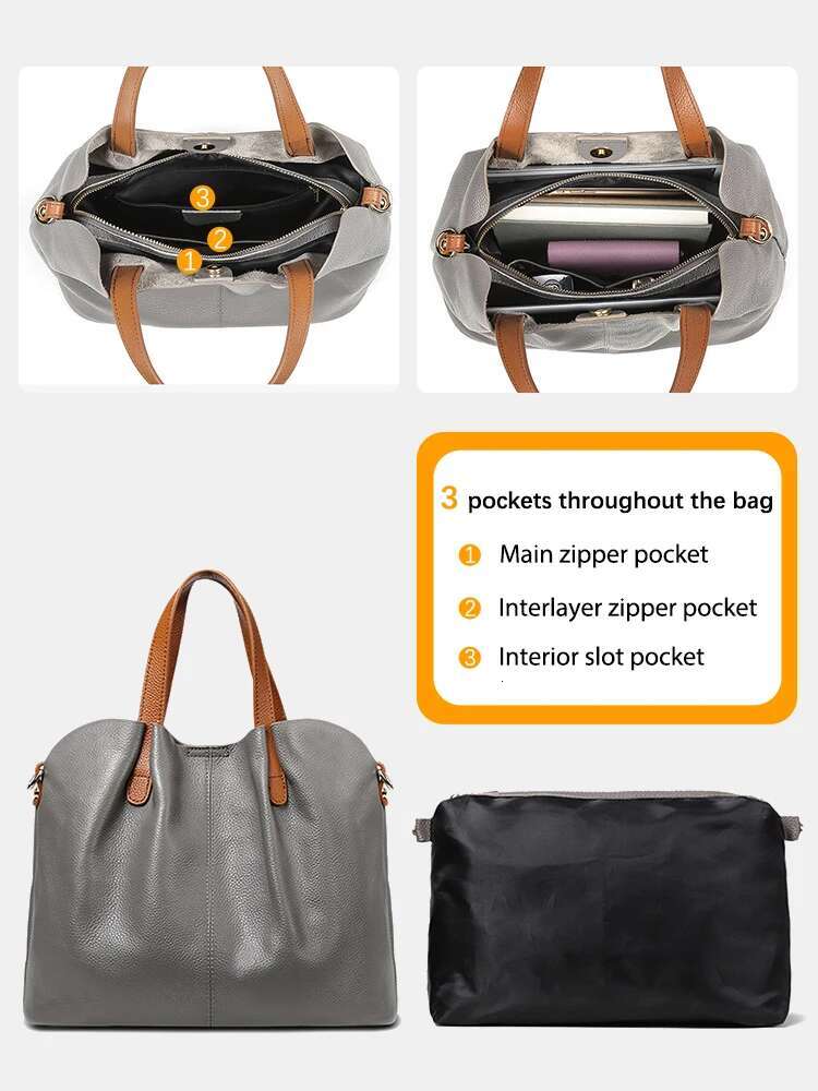 Zency Blue Genuine Leather Women Tote Bag Ruched Contrast Color Top Layer Cowhide Shoulder Crossbody Handbag Versatile Shopping