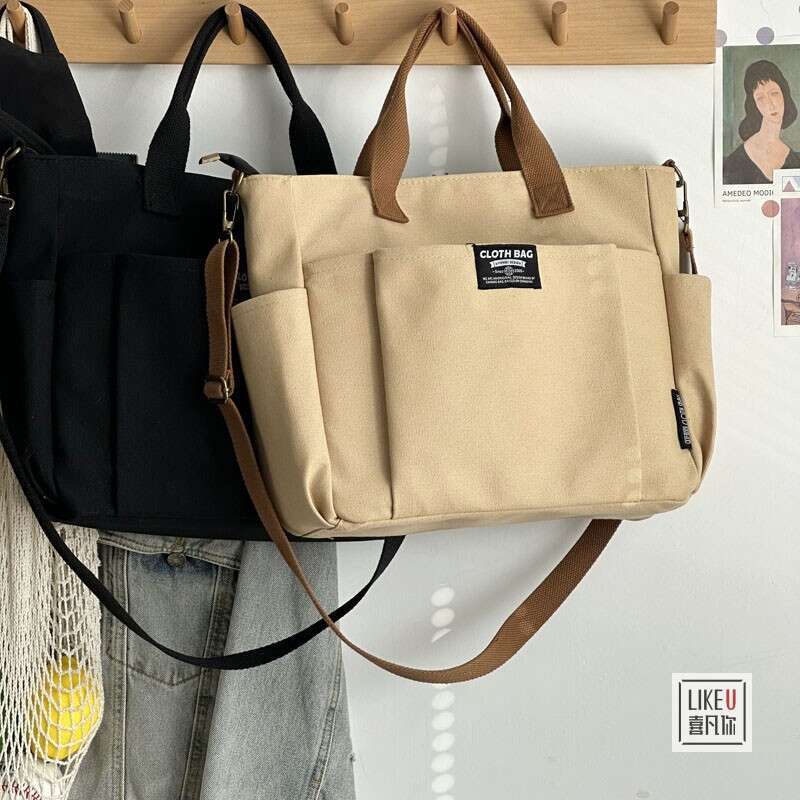 66 Thickened Multi Pocket Tote Canvas Leisure Student Computer Simplified Handheld One Shoulder Crossbody Book Bag