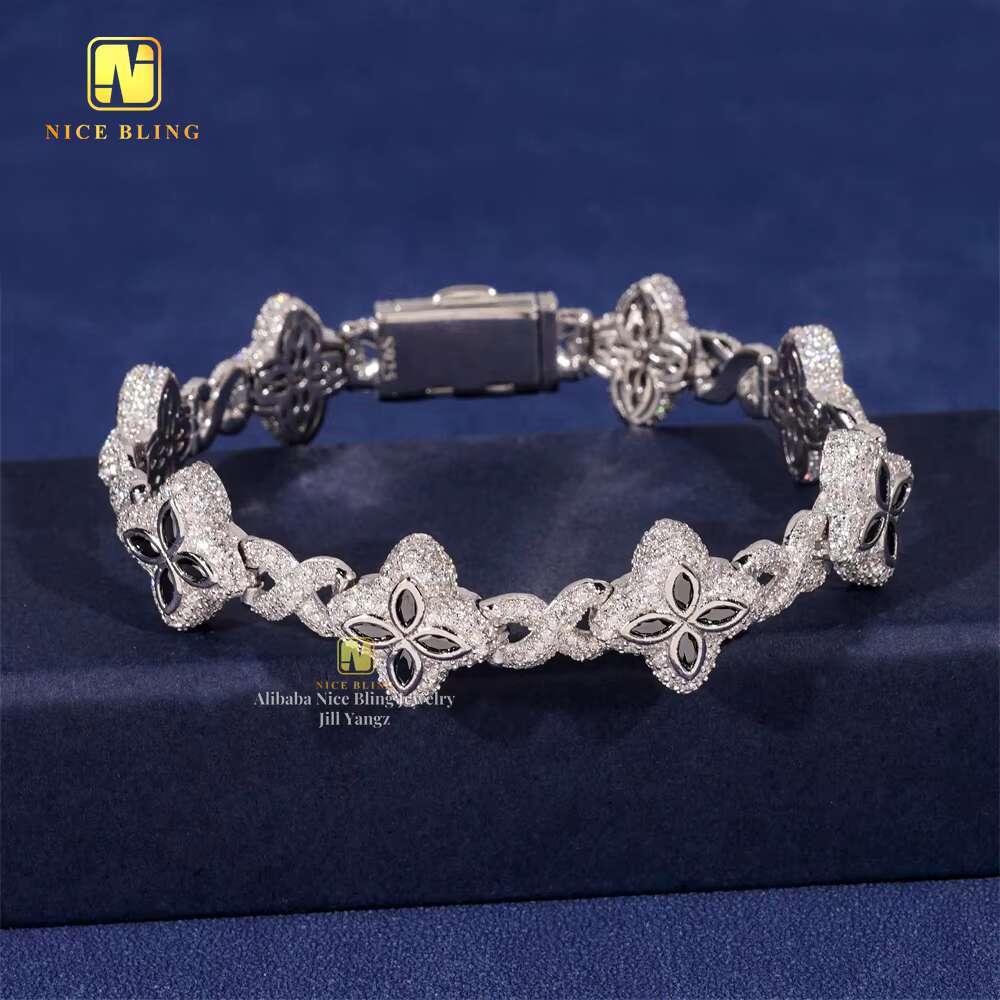 HOT SELLING 15mm Colorful Moissanite Flower Cuban Bracelet Ready Stock Hip Hop Fancy Diamond Cuban Link Chain Moissanite 925