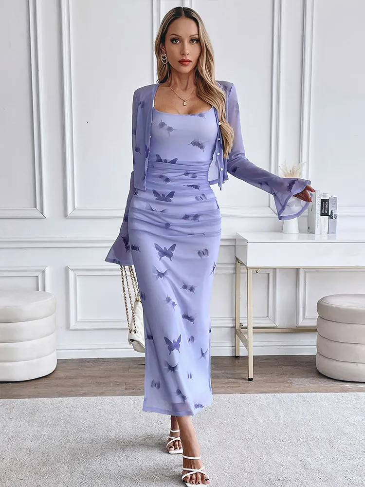 Sling Women Dresses Spring Long Sleeves Shawl Sexy Two Piece Fashion Casual Slim Lady Print Elegant Knitted Clothing 250318