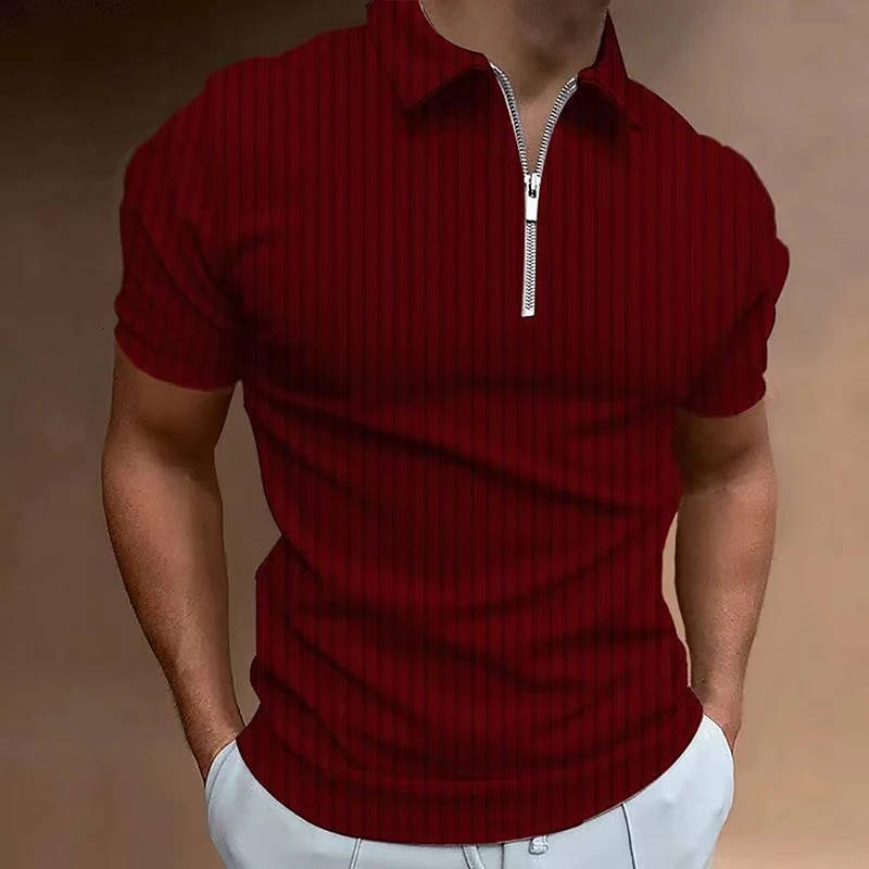 Hommes zip raye polo couleur unie t shirt manches courtes chemise Casual Slim Summer jogging Fitness 250324