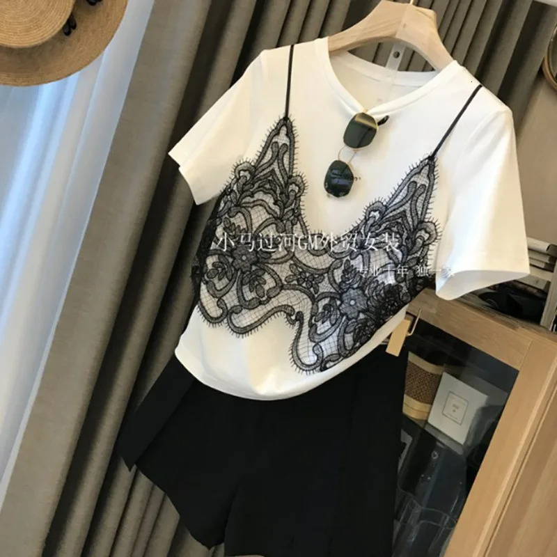 Summer Short Sleeve T-shirt Women Lace Sling Stitching Two-piece Tshirt Loose Round Neck Chic T-shirt 250321