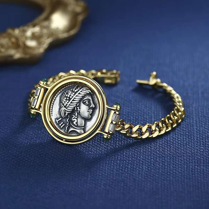 Pure sier gold-plated ancient Roman coin bracelet for women's jewelry
