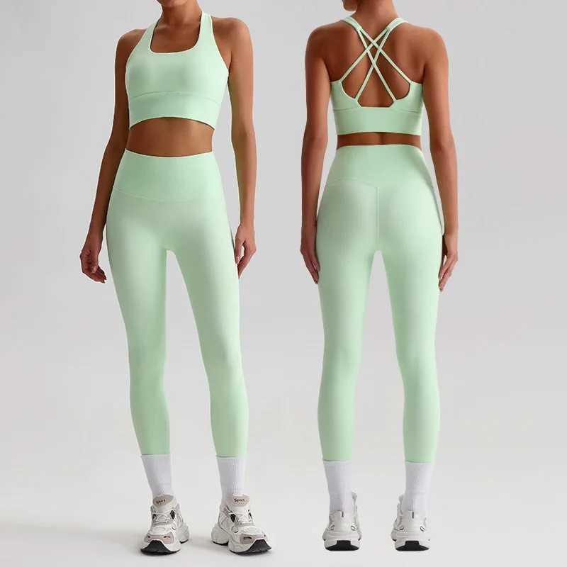 Naked feeling yoga set womens fitness sportswear 2-piece shoulder strap sports bra high waist gym leg exercise set activity suit W250326