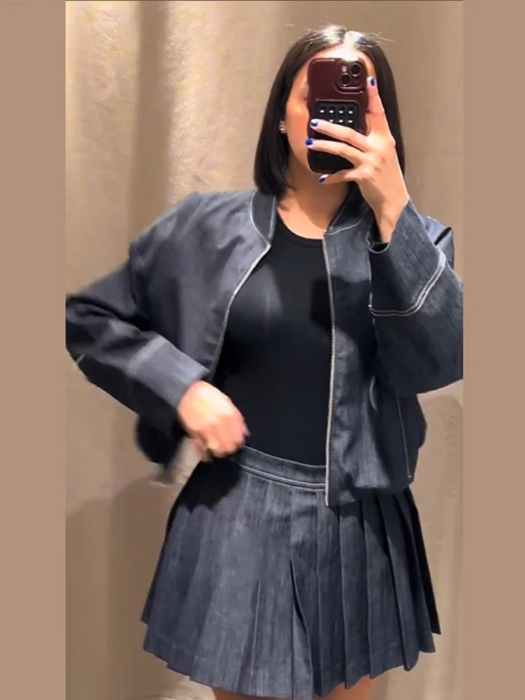 Elegant denim 2piece set for womens casual loose zipper jacket pleated mini leather 2025 fashion street solid 250318