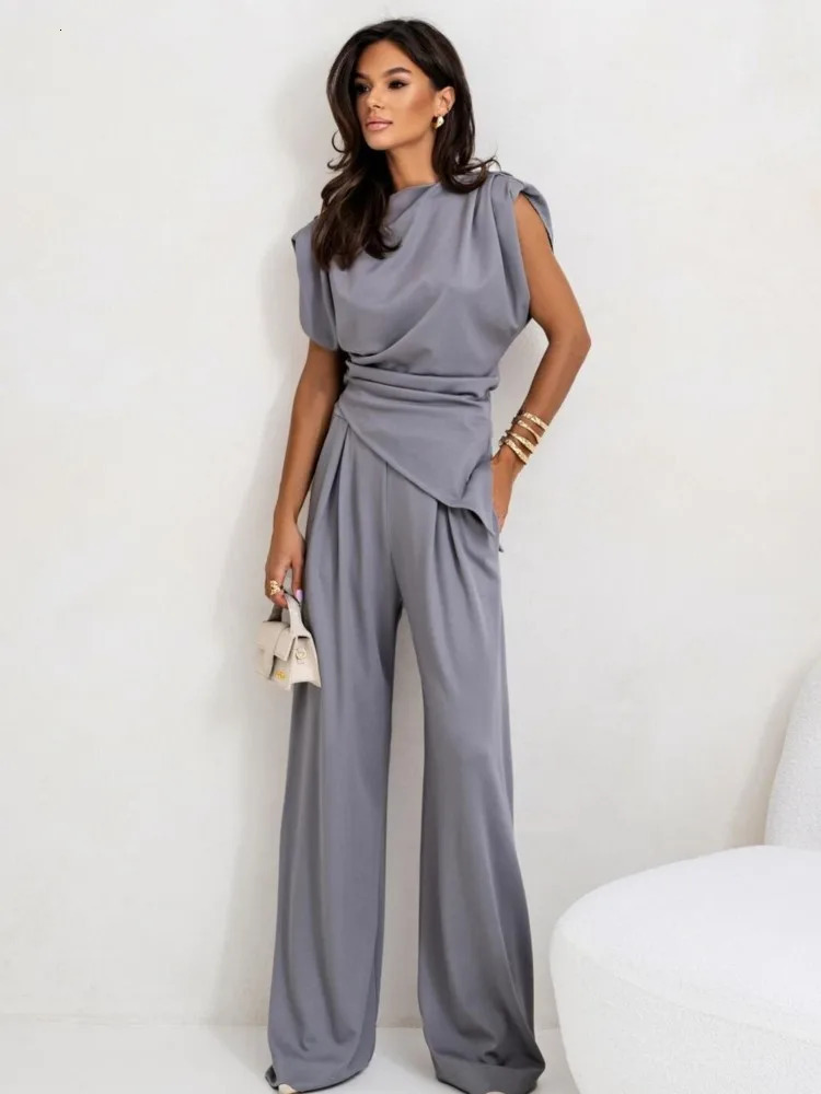 Summer fashion solid two-piece set for women elegant ultra-thin office clothes casual irregular top wide leg pants 2-piece set for women 250320
