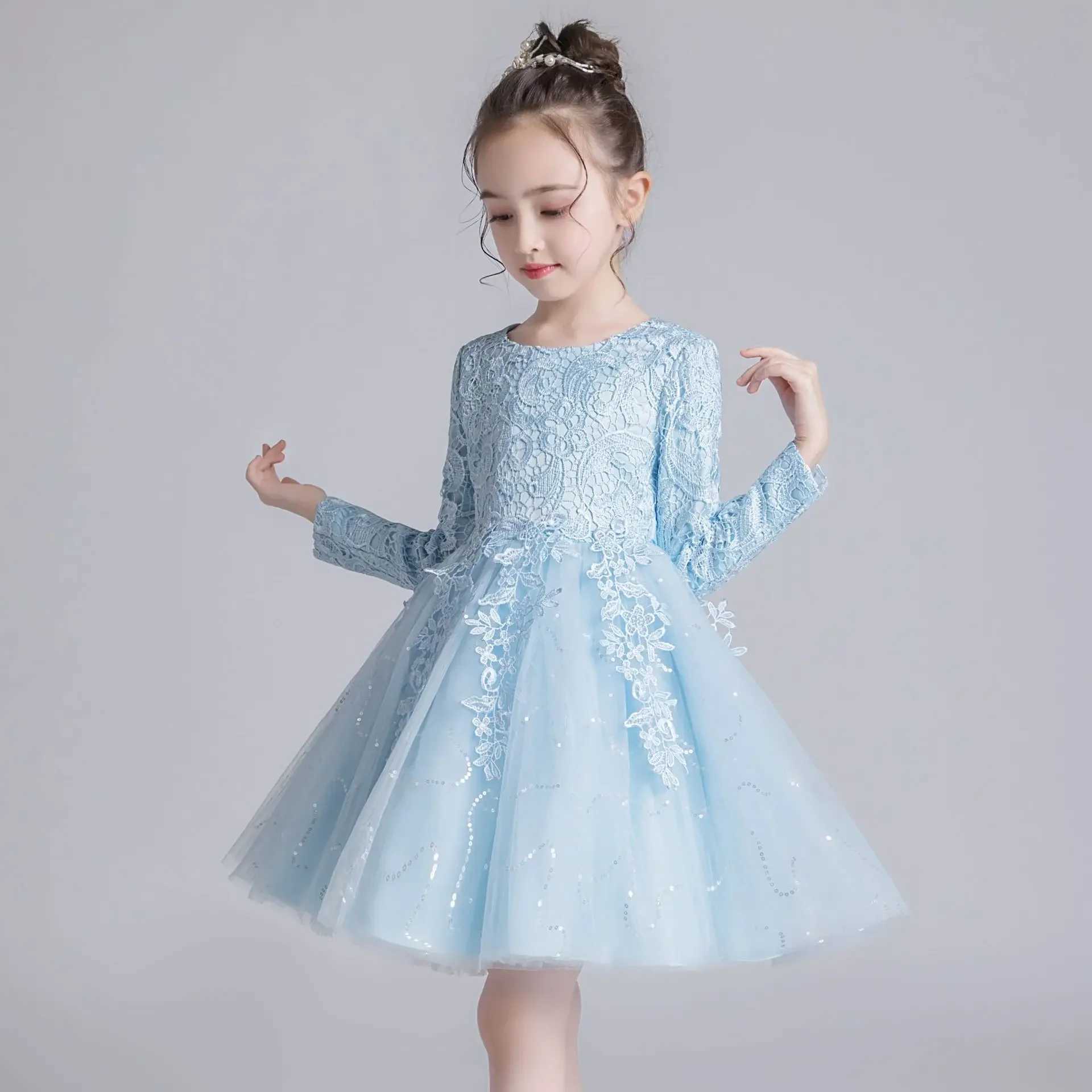 Fashion Flower Girl Dress for Weddings Lace Long Sleeve Childrens Bridal Dress Spring and Autumn Girls Par Dress 3-12 Years W250326