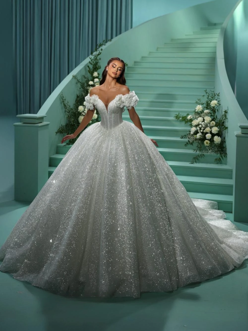 Shiny Wedding Dress Sequins Pearls Bridal Ball Gowns V Neck Off Shoulder Custom Made Sparkly Backless Princess Bride Dresses Vestido De Novia Plus Siz