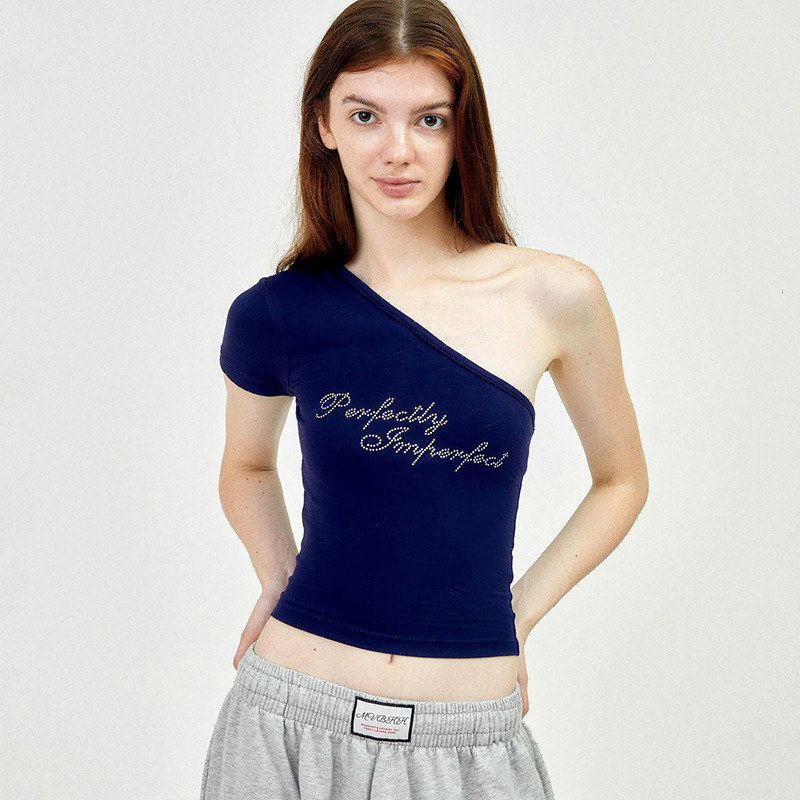 2025S Fashion Designer Y TP Women S Summer New Style Single Shoulder Slant Neck Exposed Umbilical Sexy Hot Diamond T Shirt Top