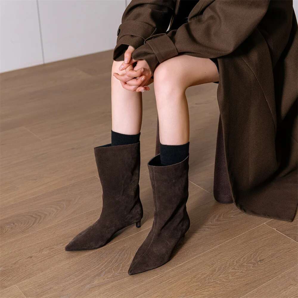 High Heel FEDONAS Sexy Women Pointed Toe Mid Calf Kitten Low Heels Warm Knight Boots Fashion Slip On Party Wedding Shoes Woman