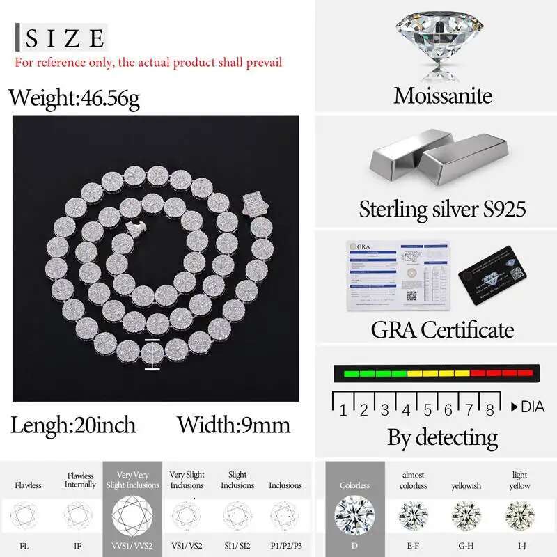 Original Full Moissanite Necklace Chain Silver 925 Plated 18k White Gold for Men Women Bracelets Fine Jewelry with GRA Certified