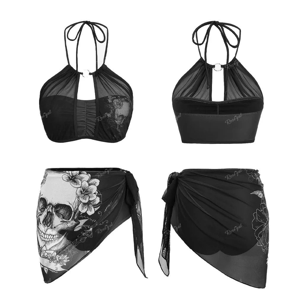 ROSEGAL Plus Size Womens Swimsuit 3 Piece Set Summer Halter Ruched Skull Flower Printed Mesh Asymmetrical Skirt Tankini Bikinis 250324