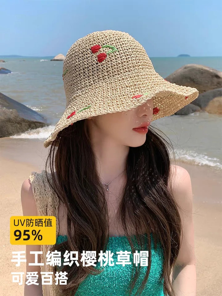 2025 Girl fashion Style bucket hat cherry Foldable Sun Crochet Hat For Beach Travel And Vacation handmade straw hat 250326