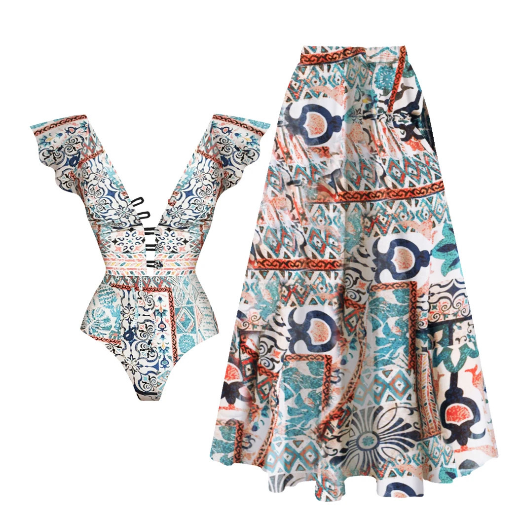 2Pcs Shoulder Ruffle Swimsuit With Skirt Women Sexy Swimwear Female Bikini Printed Biquini Swim Suit Deep V Bodysuit Beachwear 250324